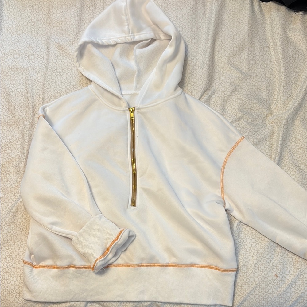 SHEIN White Hoodie with Gold Zipper and Orange Stitching